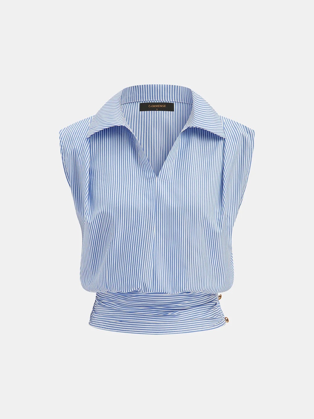 162 Striped Collared Sleeveless Cinched Blouse